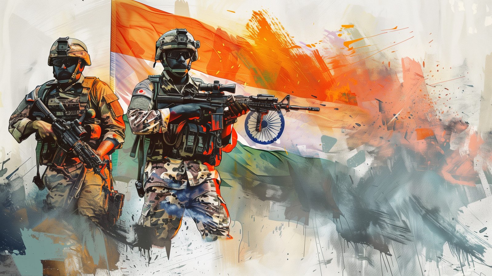 Two Indian army with the flag of India behind them, in the digital art style with a white background, a detailed painting concept design --ar 16:9 Job ID: febf6b83-3ed4-4de1-8b54-3e504dc8c3c6
